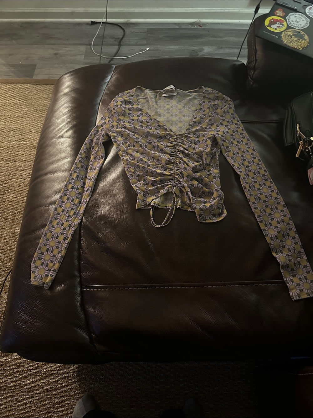 Urban Outfitters Purple and Yellow Floral Ruched V-Neck Long Sleeve Top